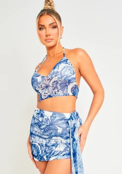 Lily Blue Butterfly Print Halter Neck Mesh Top^Missy Empire Clearance