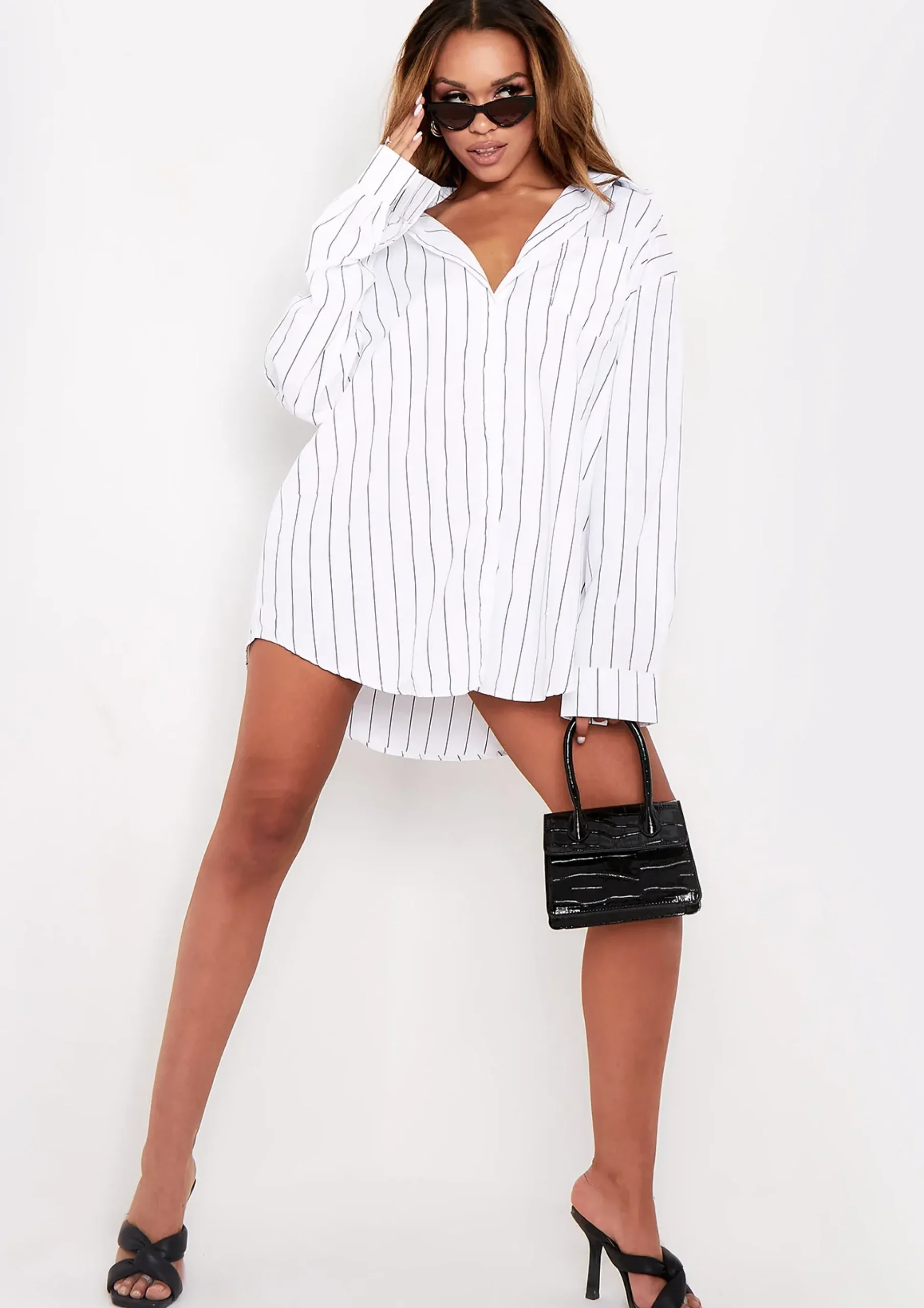 Lina White Pinstriped Oversized Shirt^Missy Empire Flash Sale
