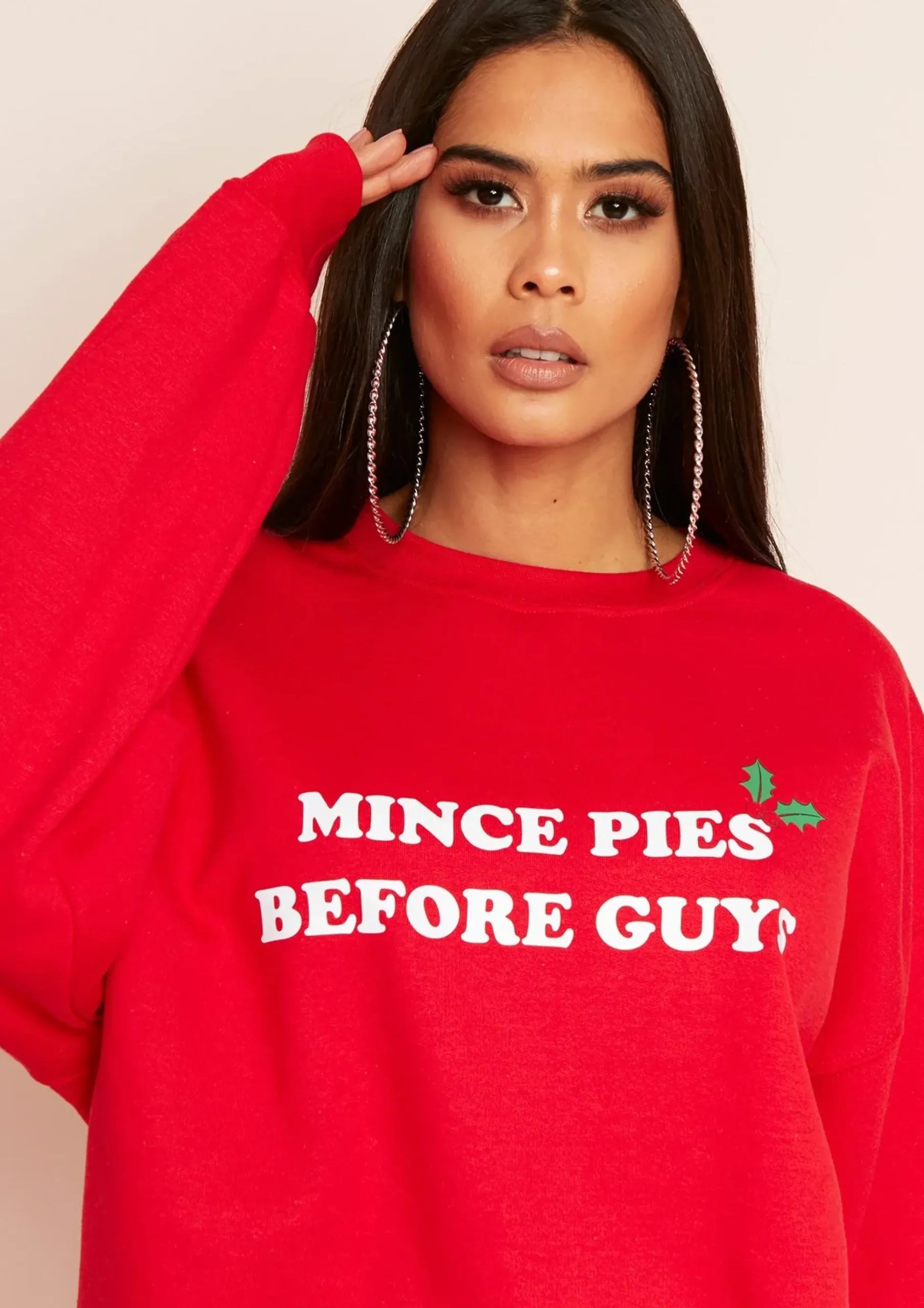 Lissy Red 'Mince Pies Before Guys' Christmas Slogan Sweatshirt^Missy Empire Cheap