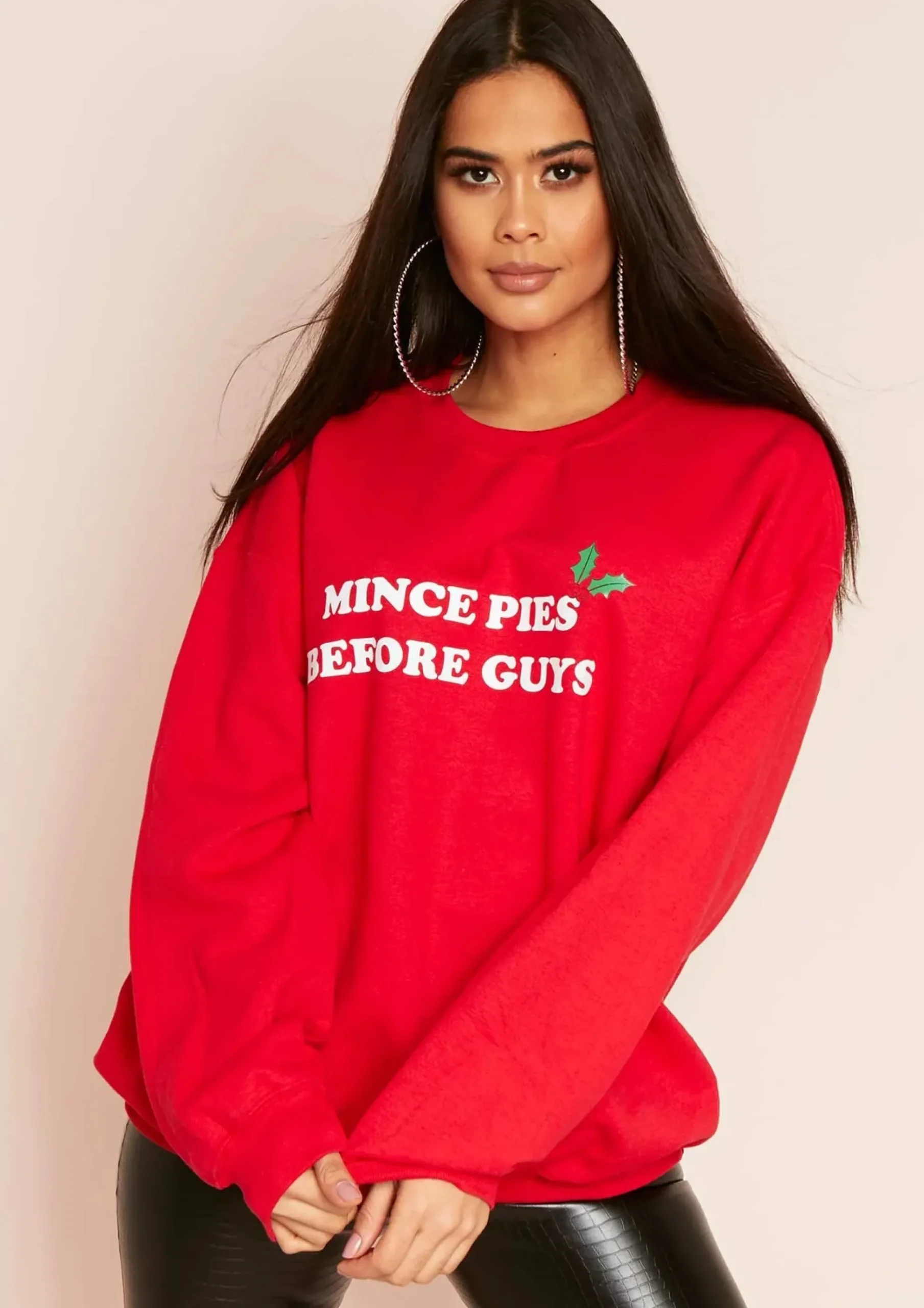 Lissy Red 'Mince Pies Before Guys' Christmas Slogan Sweatshirt^Missy Empire Cheap