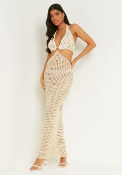 Best Lola Neutral Two Tone Crochet Maxi Dress Women Dresses