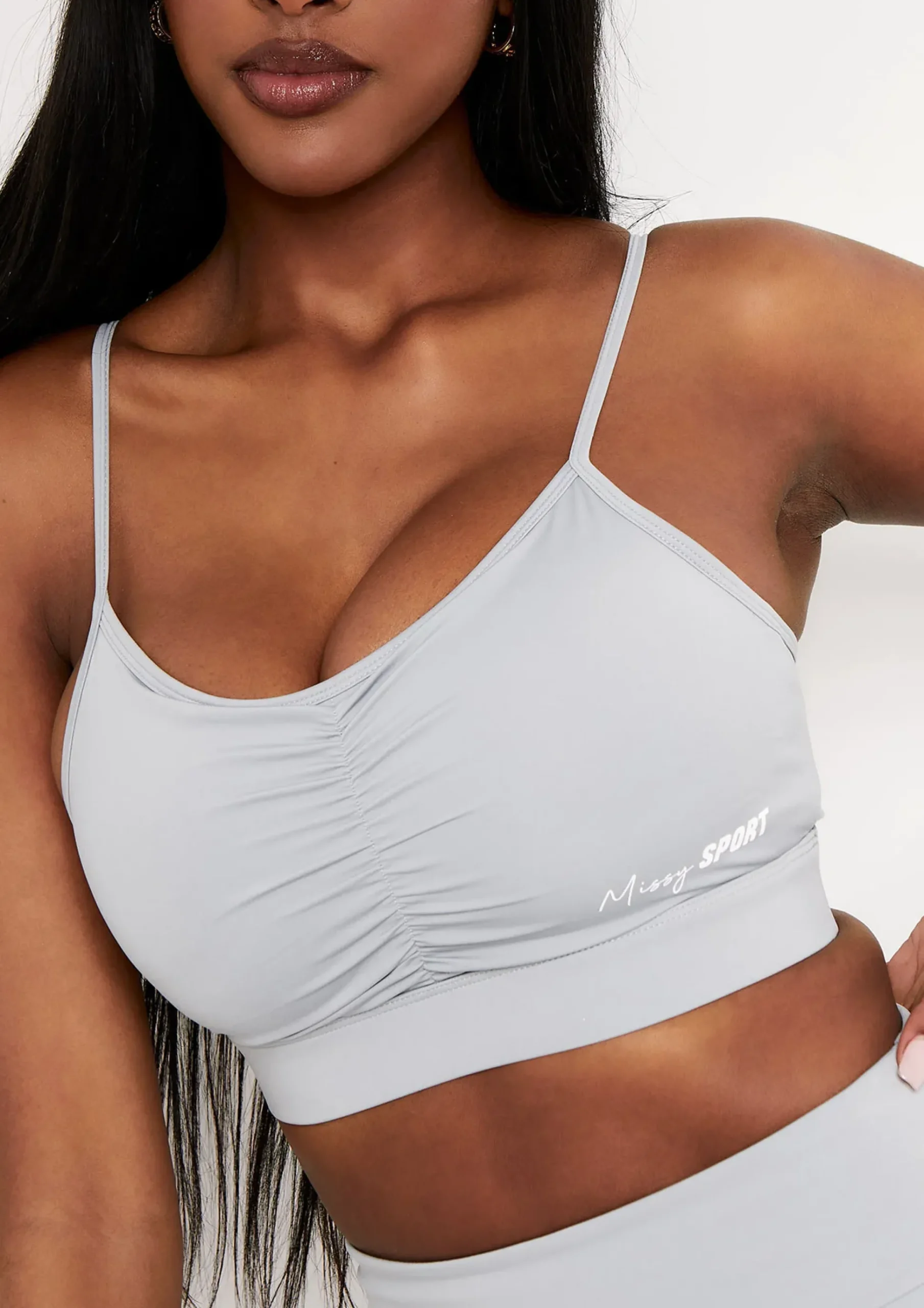 Lola Pale Blue Missy Sport Ruched Front Strappy Gym Crop Top^Missy Empire Flash Sale