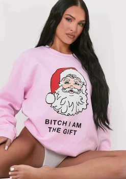Lora Pink 'Bitch I Am The Gift' Santa Slogan Sweatshirt^Missy Empire Outlet