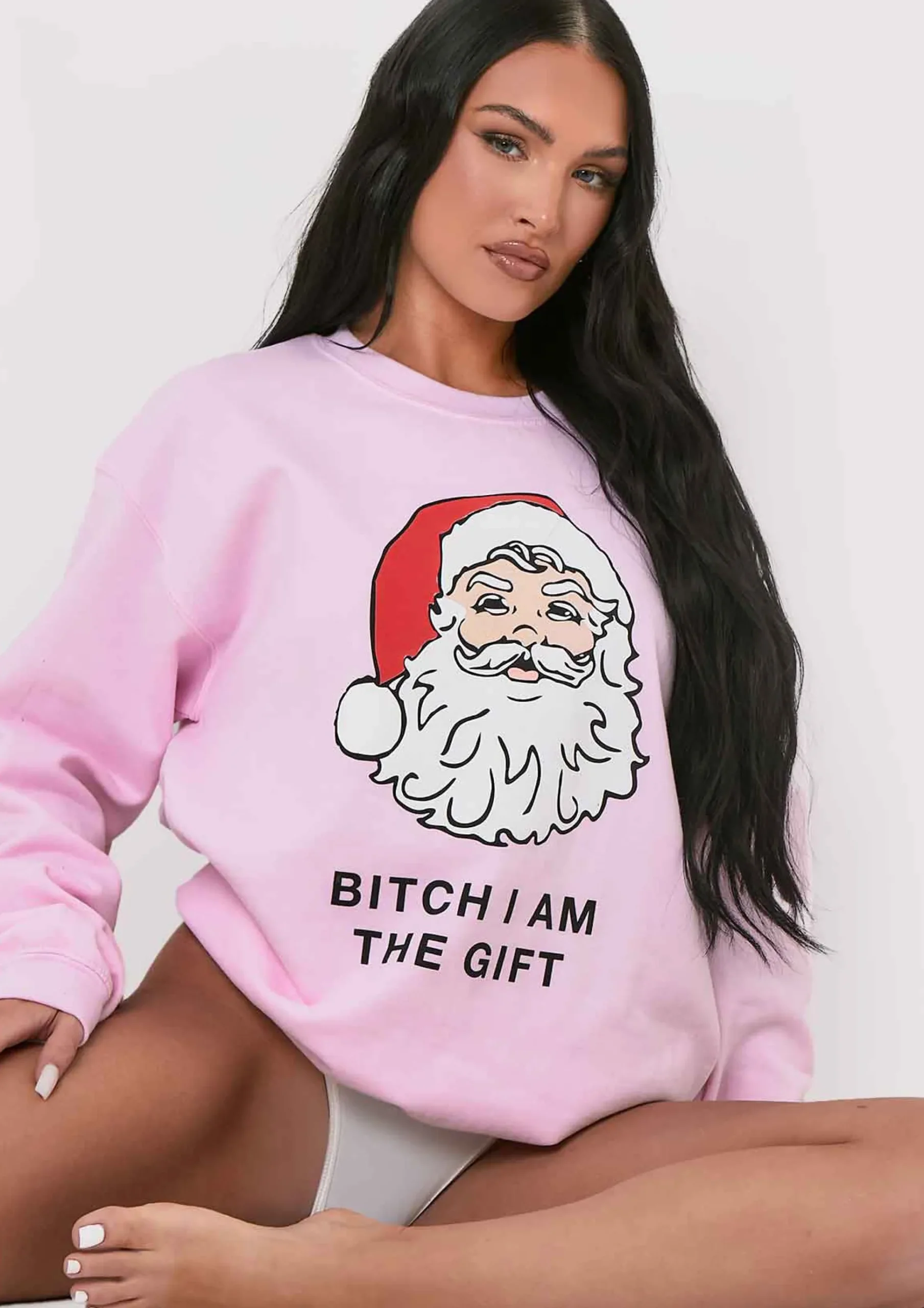 Lora Pink 'Bitch I Am The Gift' Santa Slogan Sweatshirt^Missy Empire Outlet