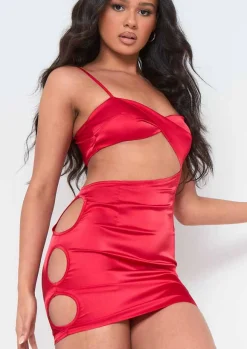 Sale Lorna Red Satin Cut Out Side Mini Dress Women Dresses
