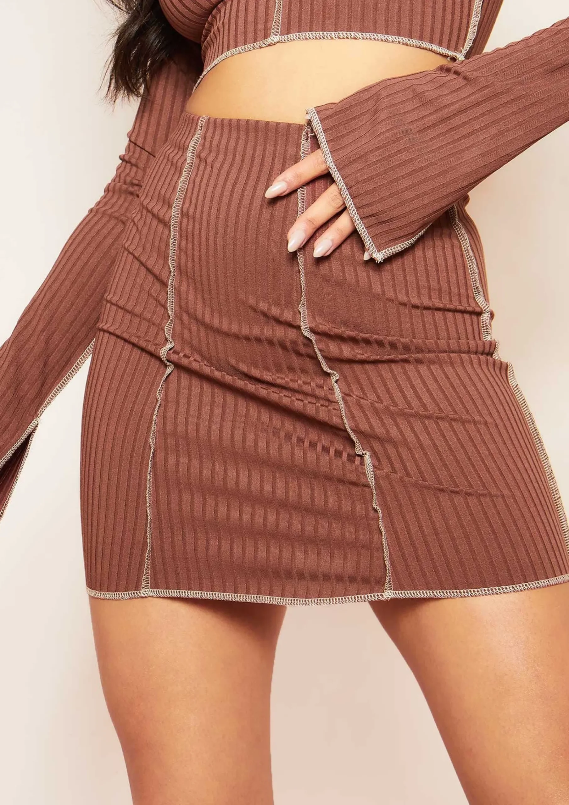 Louana Chocolate Contrast Stitch Ribbed Mini Skirt^Missy Empire Clearance