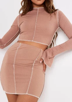 Louana Mocha Cream Contrast Stitch Ribbed Mini Skirt^Missy Empire Discount