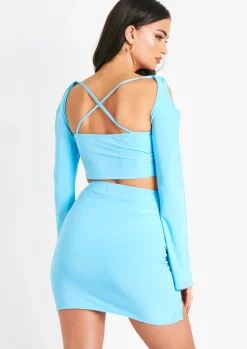 Lucey Blue Cross Front Double Layer Slinky Top^Missy Empire Online