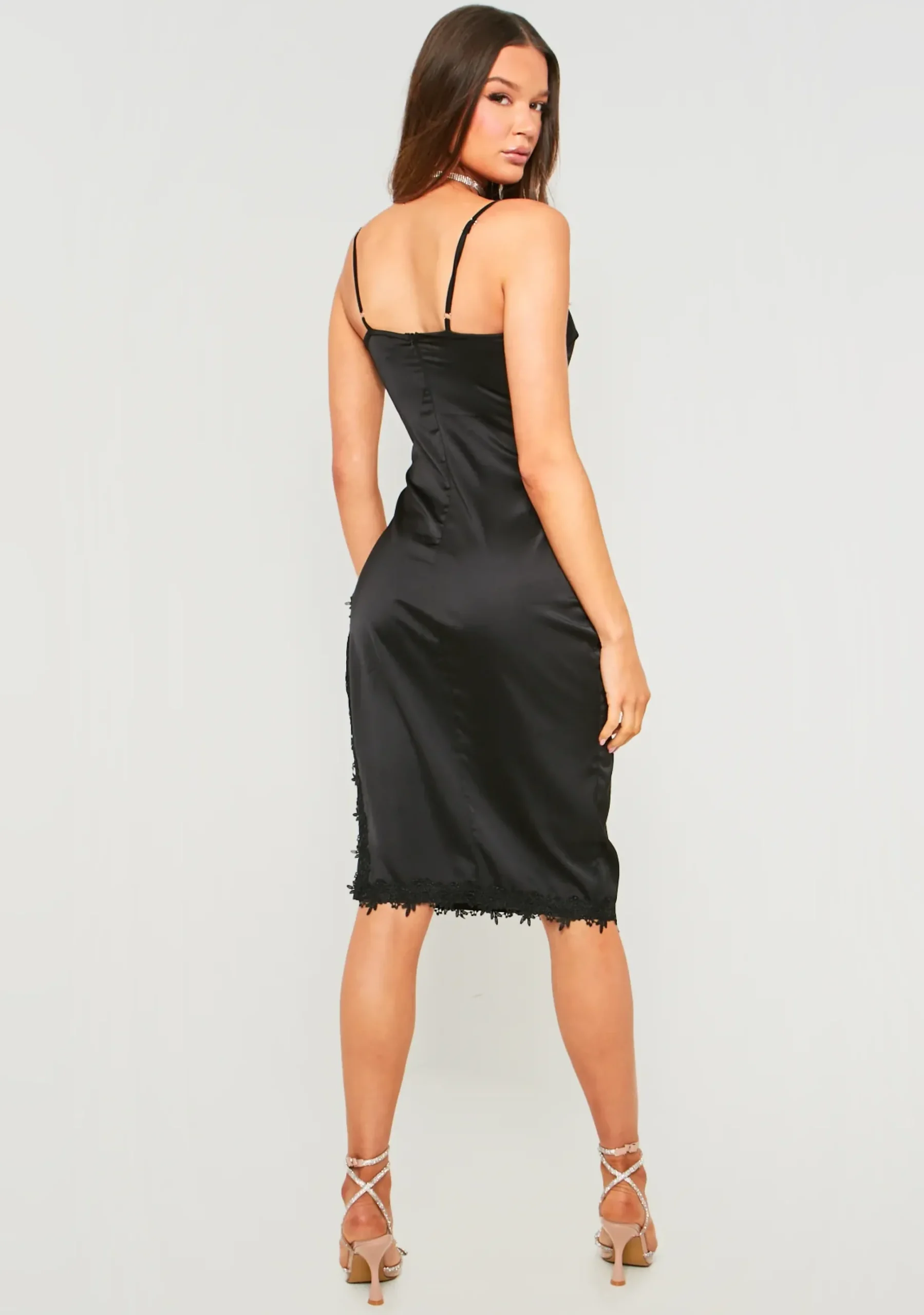 Store Lucie Black Satin Midi Dress With Lace Split Women Dresses
