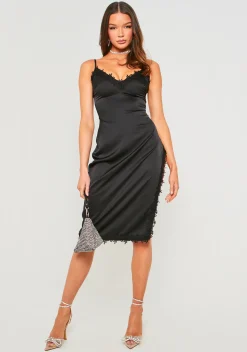 Store Lucie Black Satin Midi Dress With Lace Split Women Dresses