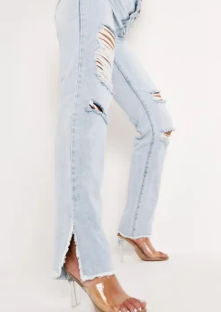 Lucie Denim Light Wash Distressed Split Raw Hem Jeans^Missy Empire Online