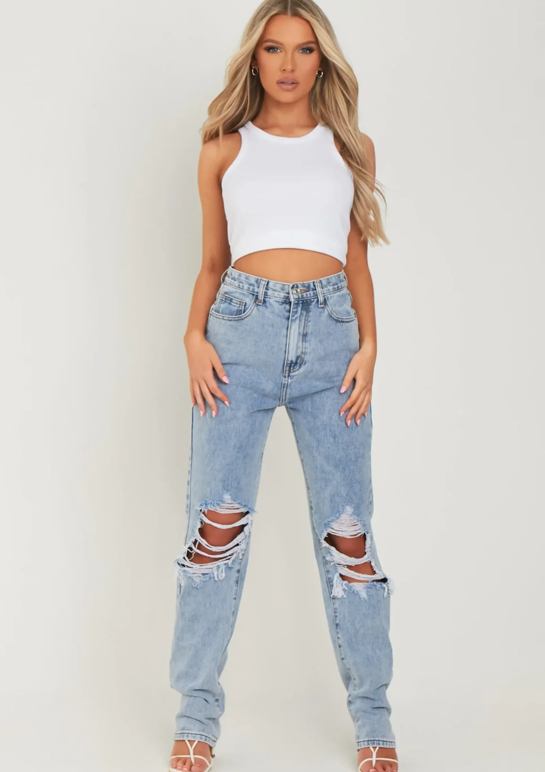 Lucie Light Blue Ripped Straight Leg Jeans^Missy Empire Shop