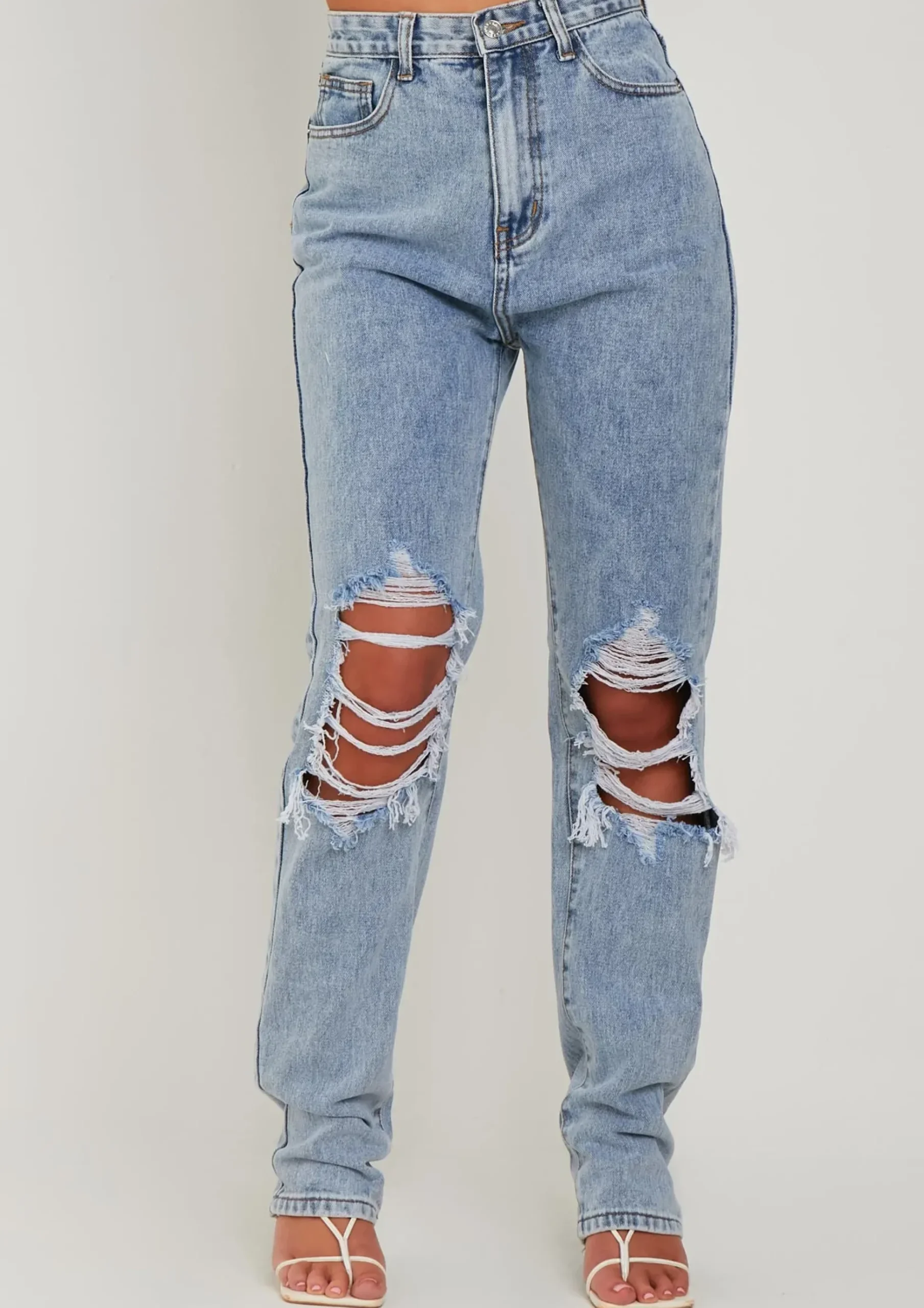 Lucie Light Blue Ripped Straight Leg Jeans^Missy Empire Shop