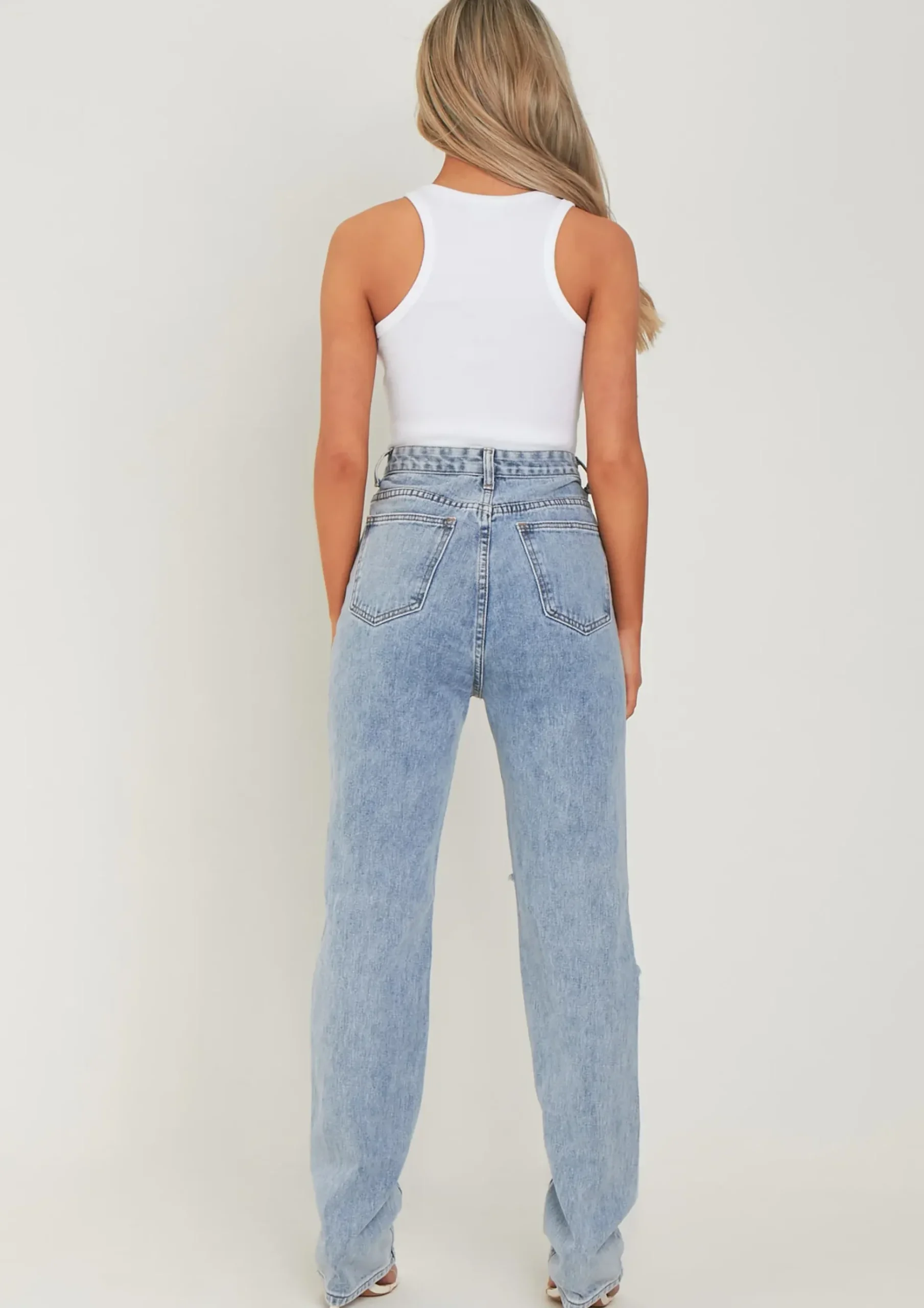 Lucie Light Blue Ripped Straight Leg Jeans^Missy Empire Shop