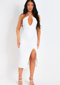 Shop Lucy White Halter Neck Cross Over Ruched Midi Dress Women Dresses