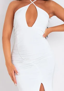Shop Lucy White Halter Neck Cross Over Ruched Midi Dress Women Dresses