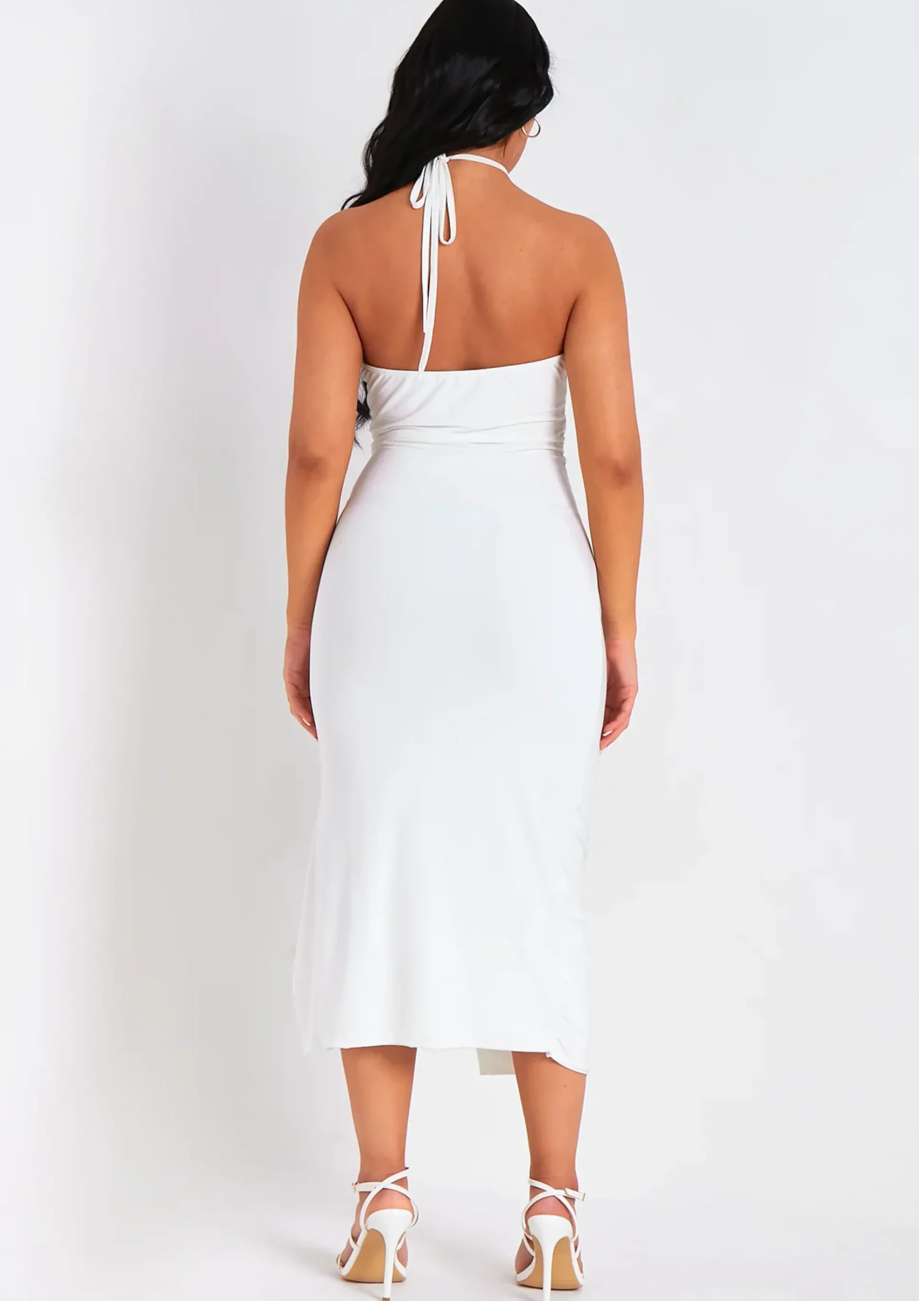 Shop Lucy White Halter Neck Cross Over Ruched Midi Dress Women Dresses