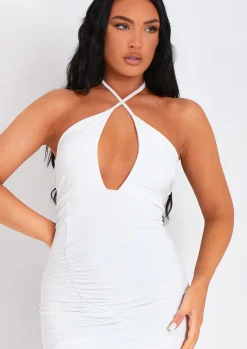 Shop Lucy White Halter Neck Cross Over Ruched Midi Dress Women Dresses