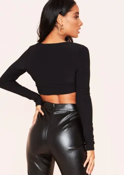 Luna Black Slinky Twist Front Long Sleeve Crop Top^Missy Empire Outlet