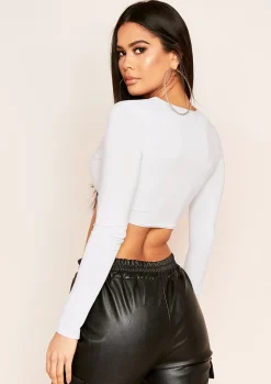 Luna Grey Slinky Twist Front Long Sleeve Crop Top^Missy Empire Clearance