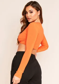Luna Orange Slinky Twist Front Long Sleeve Crop Top^Missy Empire Hot