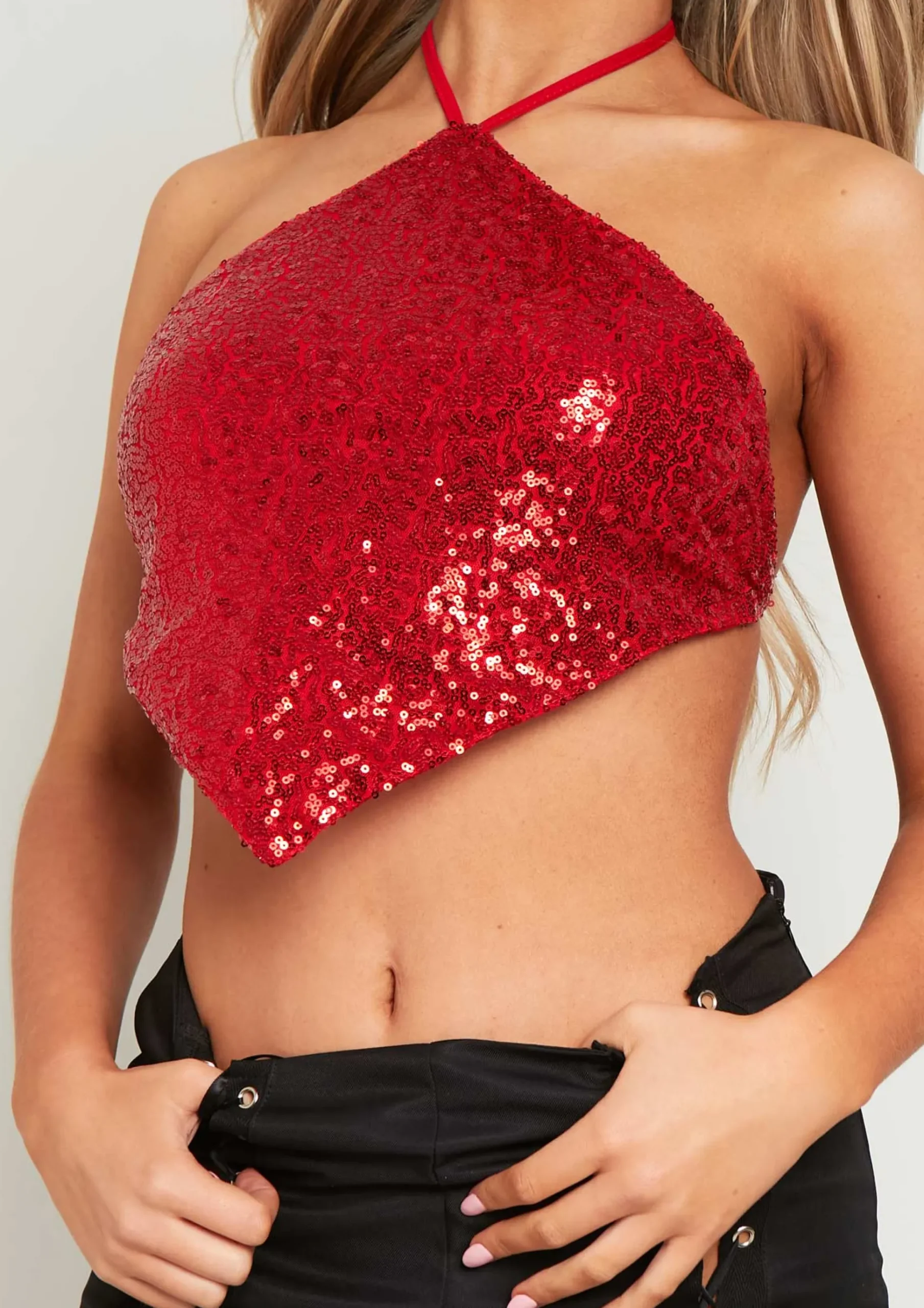 Luna Red Sequin Halter Neck Tie Top^Missy Empire Discount