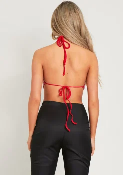 Luna Red Sequin Halter Neck Tie Top^Missy Empire Discount