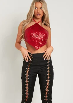 Luna Red Sequin Halter Neck Tie Top^Missy Empire Discount