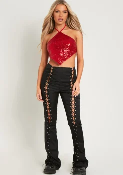Luna Red Sequin Halter Neck Tie Top^Missy Empire Discount