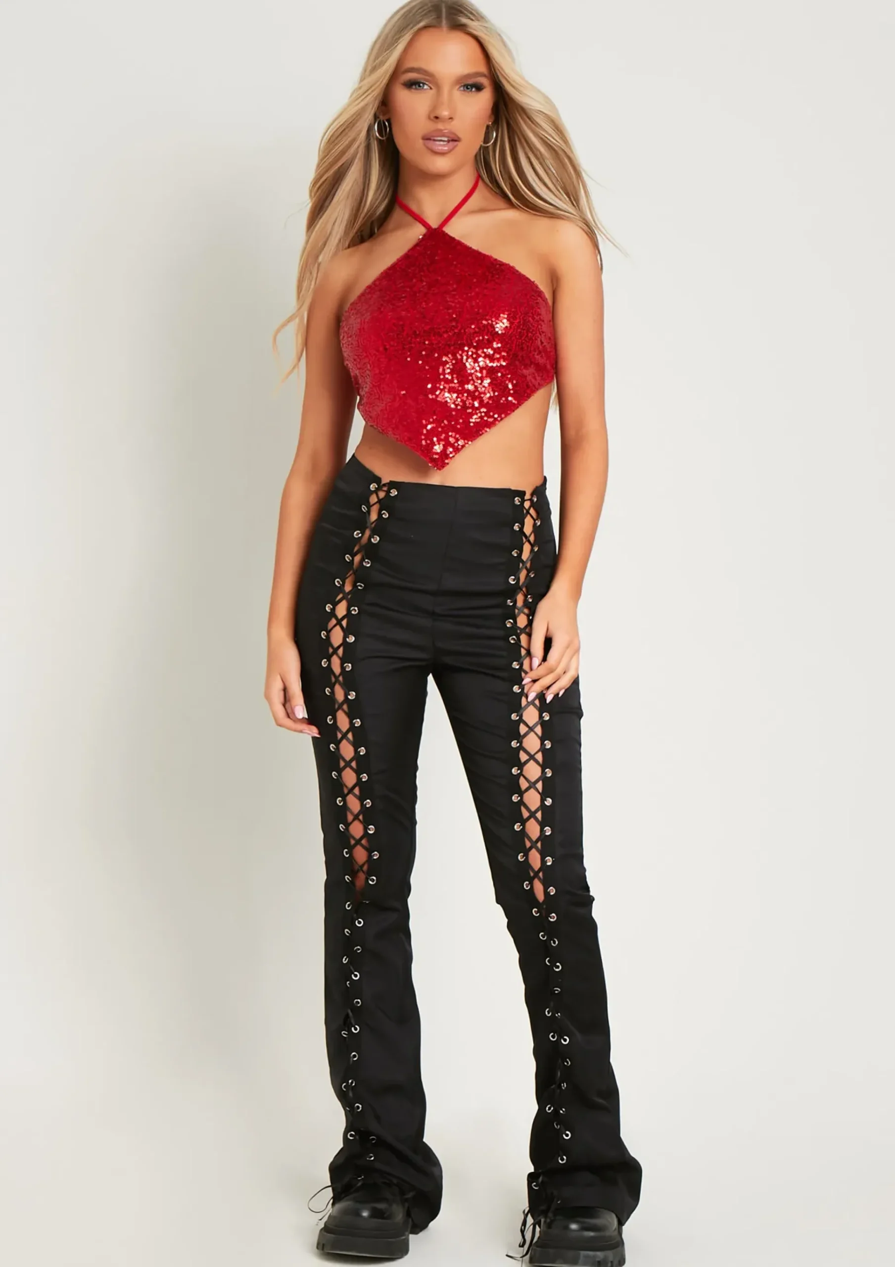 Luna Red Sequin Halter Neck Tie Top^Missy Empire Discount