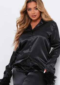 Discount Lydia Black Feather Hem Satin Pyjama Set Women Nightwear