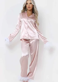 Best Lydia Blush Feather Hem Satin Pyjama Set Women Nightwear