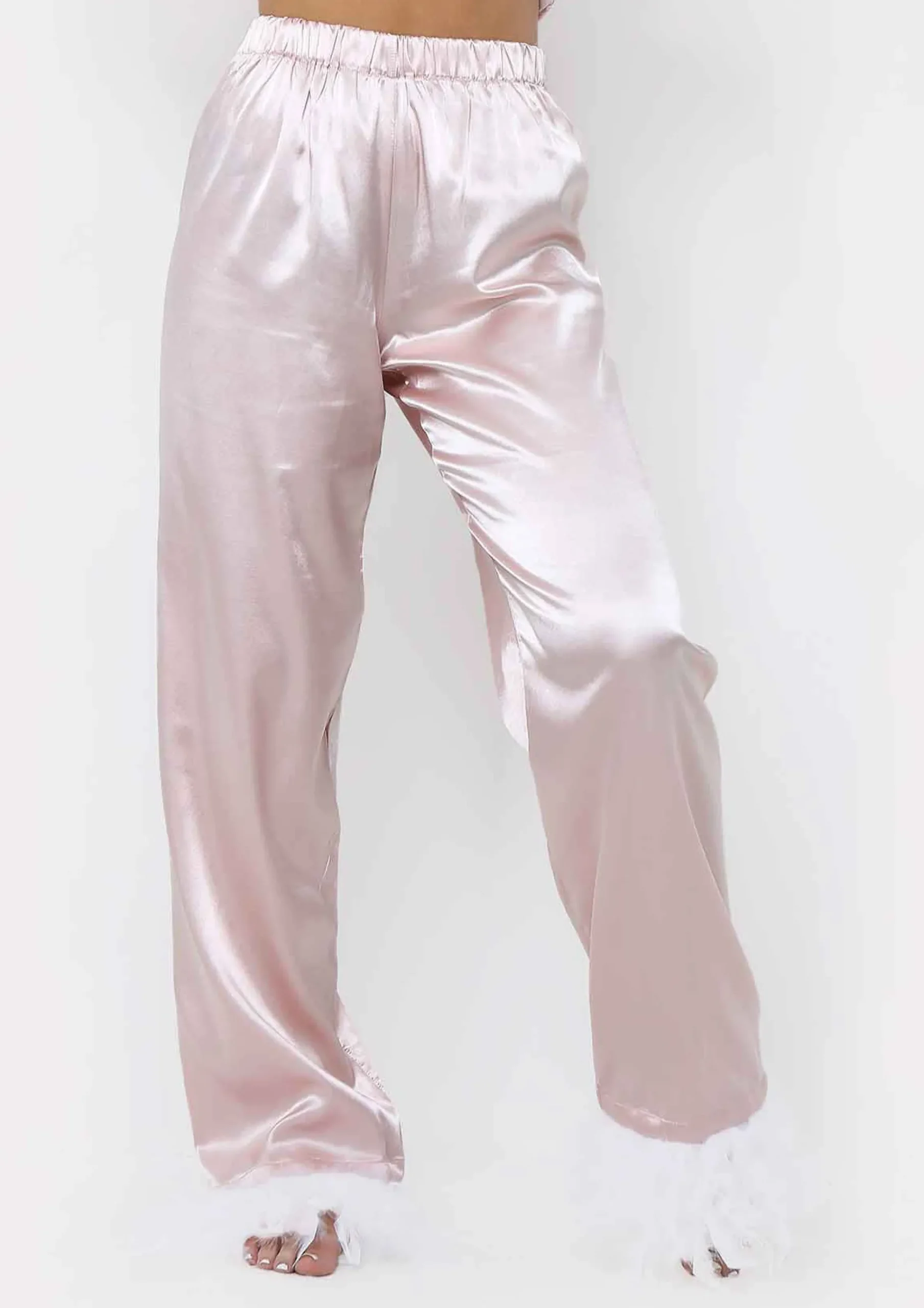 Best Lydia Blush Feather Hem Satin Pyjama Set Women Nightwear