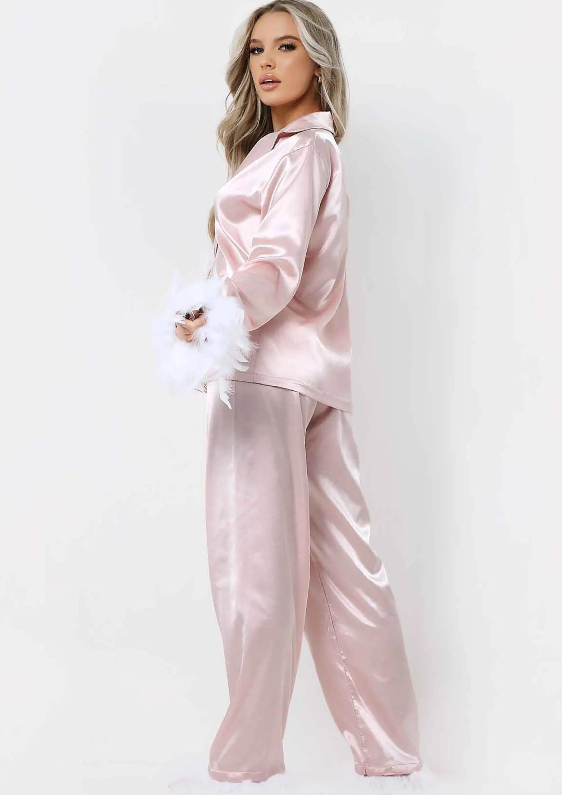 Best Lydia Blush Feather Hem Satin Pyjama Set Women Nightwear