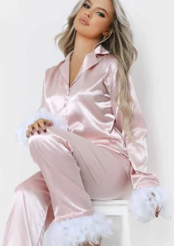 Best Lydia Blush Feather Hem Satin Pyjama Set Women Nightwear