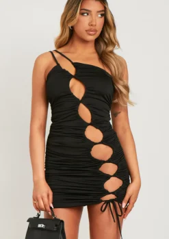 Hot Lydia Black One Shoulder Cut Out Ruched Tie Mini Dress Women Dresses