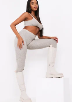 Cheap Lyla Oatmeal Knitted Ribbed Leggings Women Loungewear