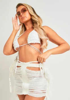 Mabel White Frayed Knit Mini Skirt^Missy Empire Outlet