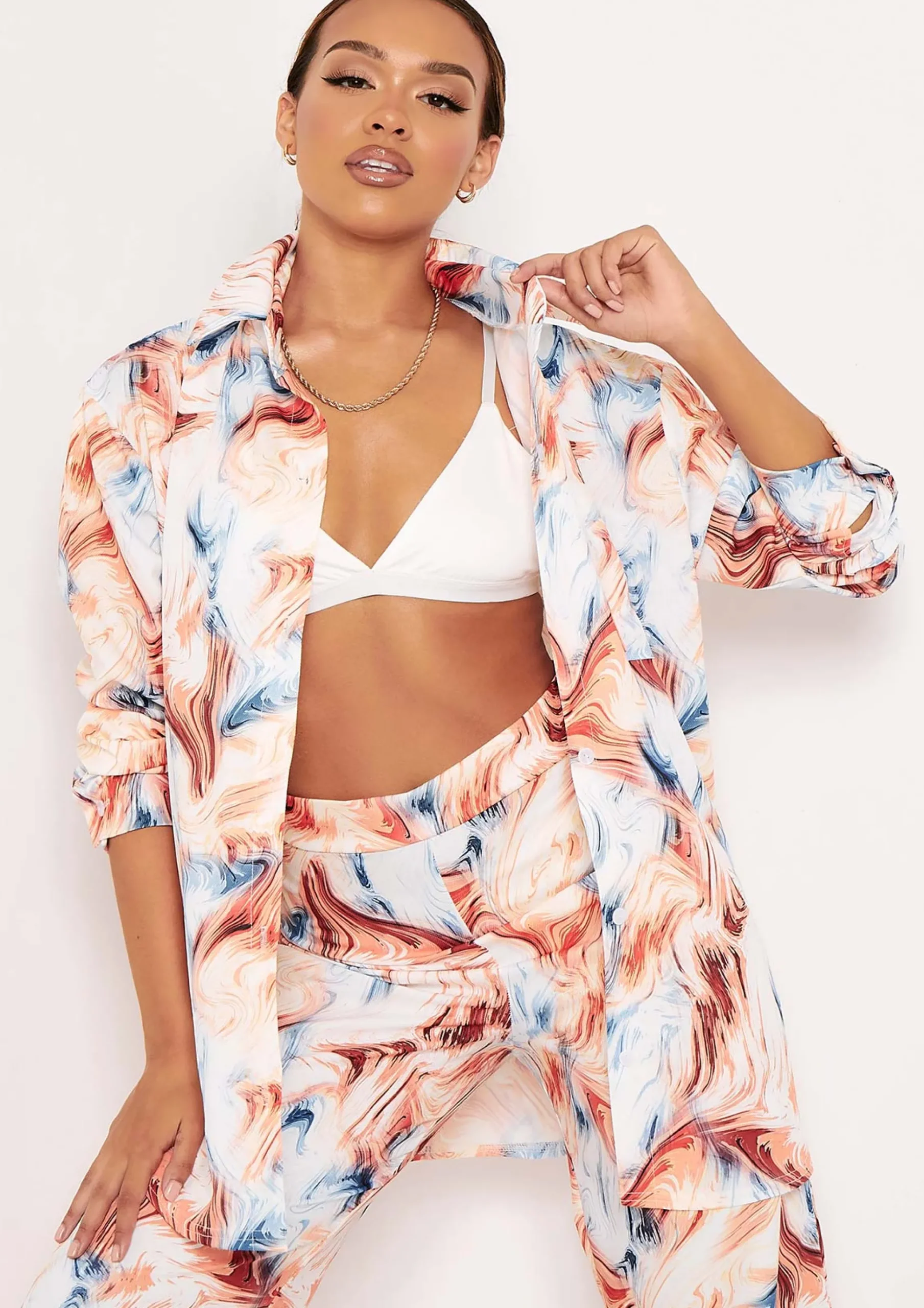 Macy Multi Marble Print Oversized Shirt^Missy Empire New