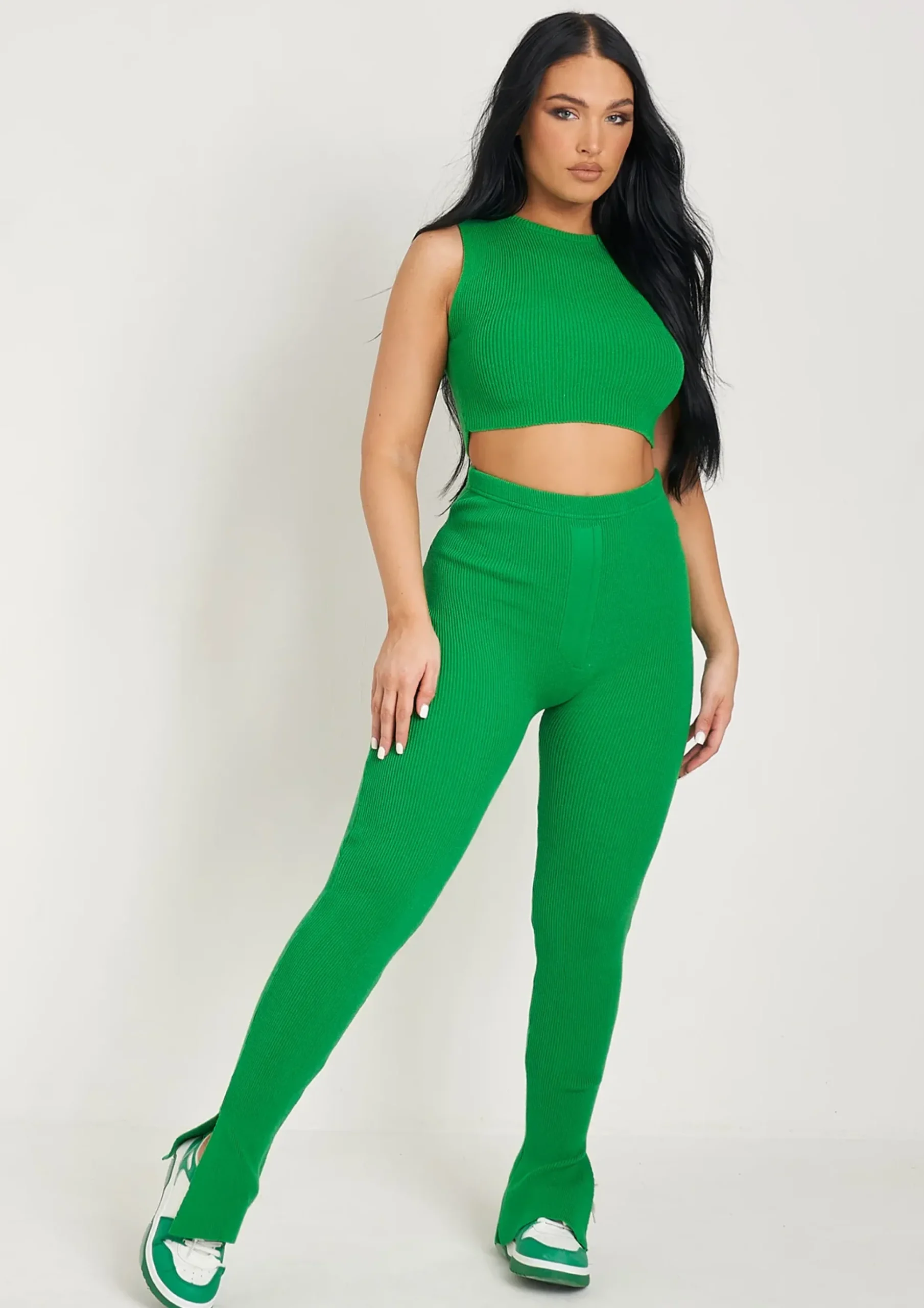 Cheap Madilyn Green Knitted Rib High Waisted Split Leggings Women Leggings