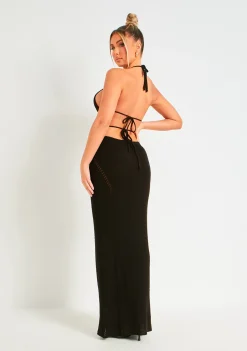 Flash Sale Madison Black Crochet Knit Halterneck Backless Maxi Dress Women Dresses