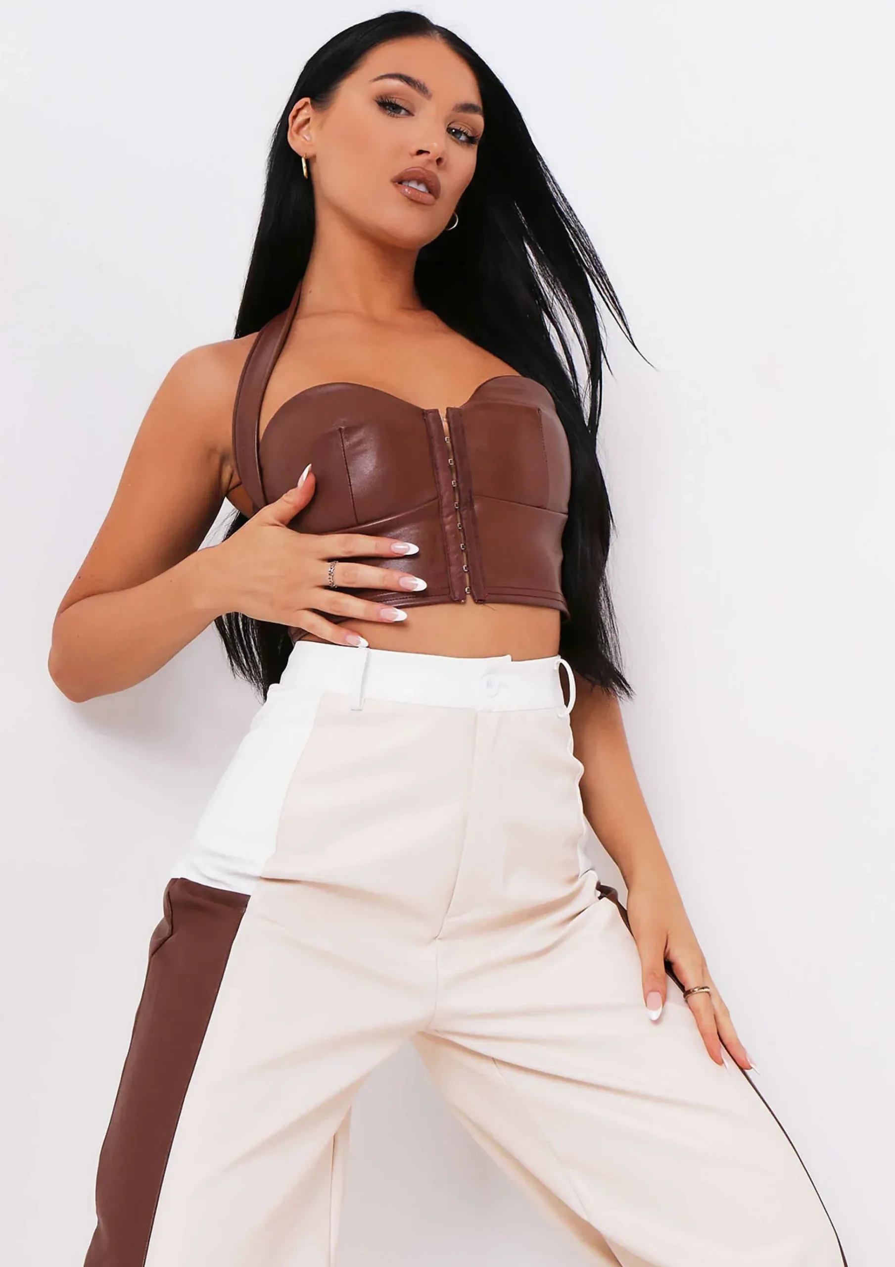 Madison Chocolate Pu Halterneck Crop Top^Missy Empire Best
