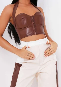 Madison Chocolate Pu Halterneck Crop Top^Missy Empire Best