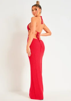Outlet Madison Red Crochet Knit Halterneck Backless Maxi Dress Women Dresses
