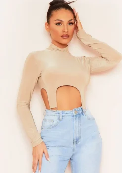 Maisy Beige Long Sleeve D Ring Slinky Crop Top^Missy Empire Best