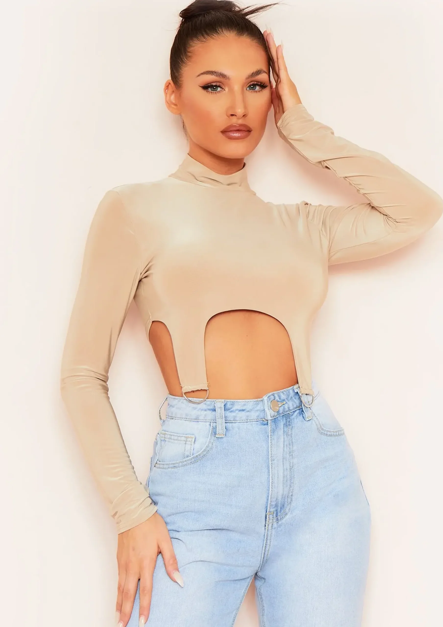 Maisy Beige Long Sleeve D Ring Slinky Crop Top^Missy Empire Best