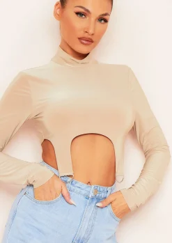 Maisy Beige Long Sleeve D Ring Slinky Crop Top^Missy Empire Best