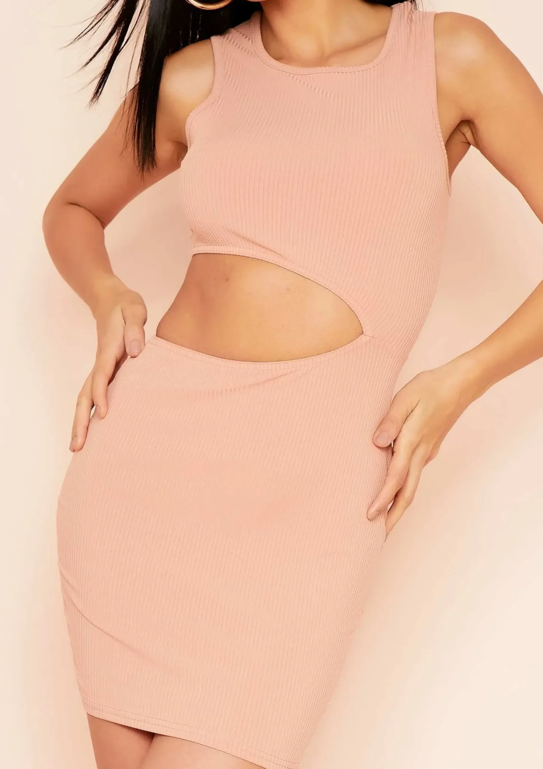 Cheap Makayla Camel Ribbed Waist Cut Out Mini Dress Women Dresses