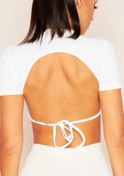 Mandy White Tie Back Cropped Ribbed T-Shirt^Missy Empire Fashion