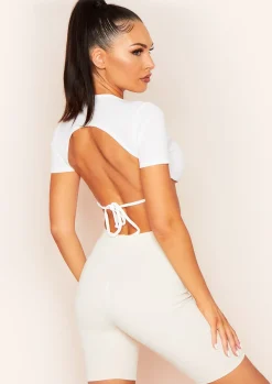 Mandy White Tie Back Cropped Ribbed T-Shirt^Missy Empire Fashion